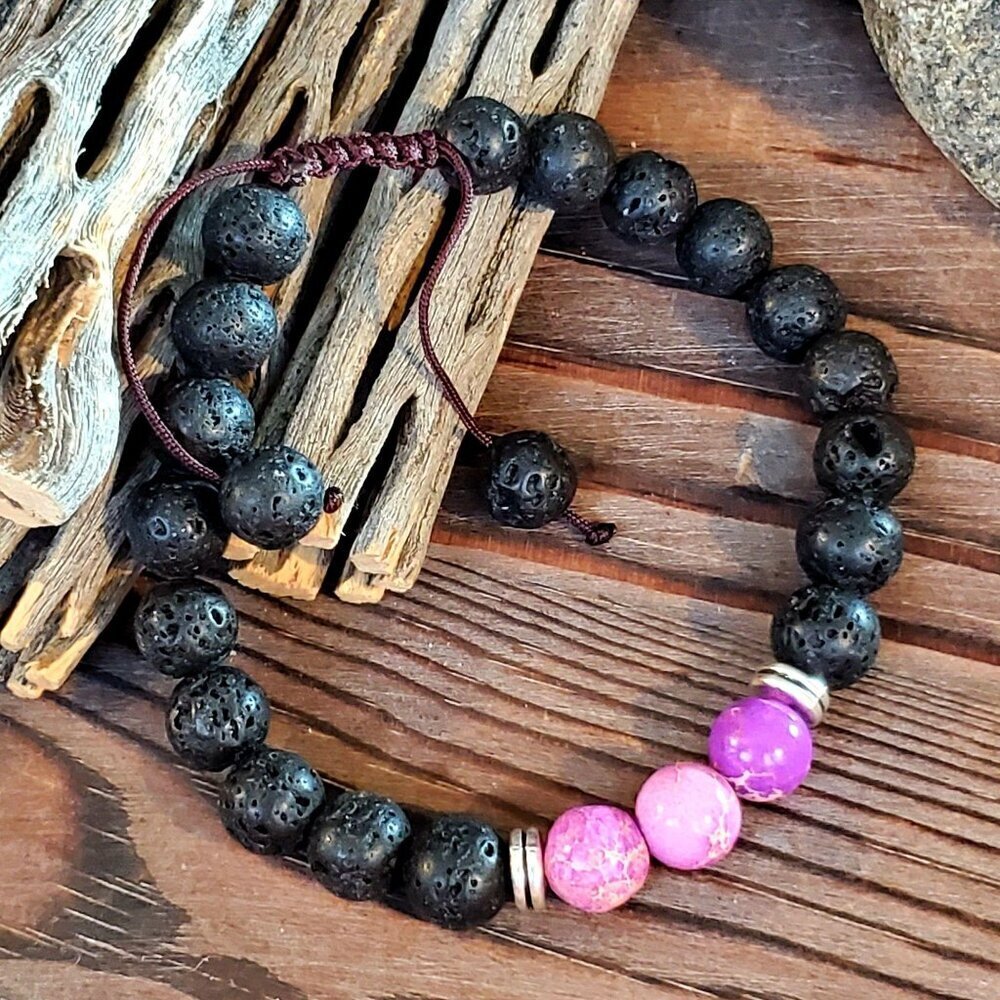 Chakra Bracelet Purple Aqua Terra Jasper Black Lava Stones - Picture 3 of 7
